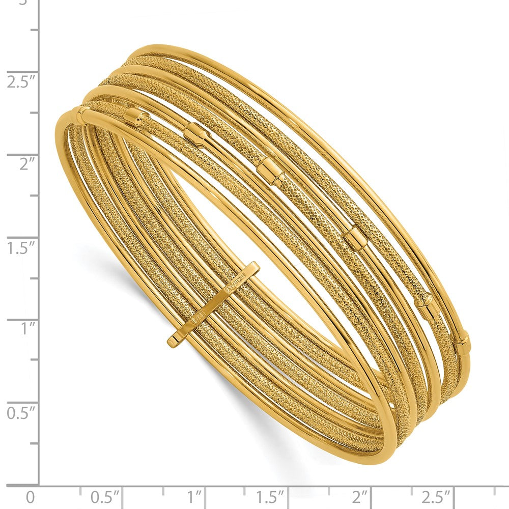 14K Gelbgold Poliert und Strukturiert Gekugelt 7-strand Schieber-on Rund Armreif Armband