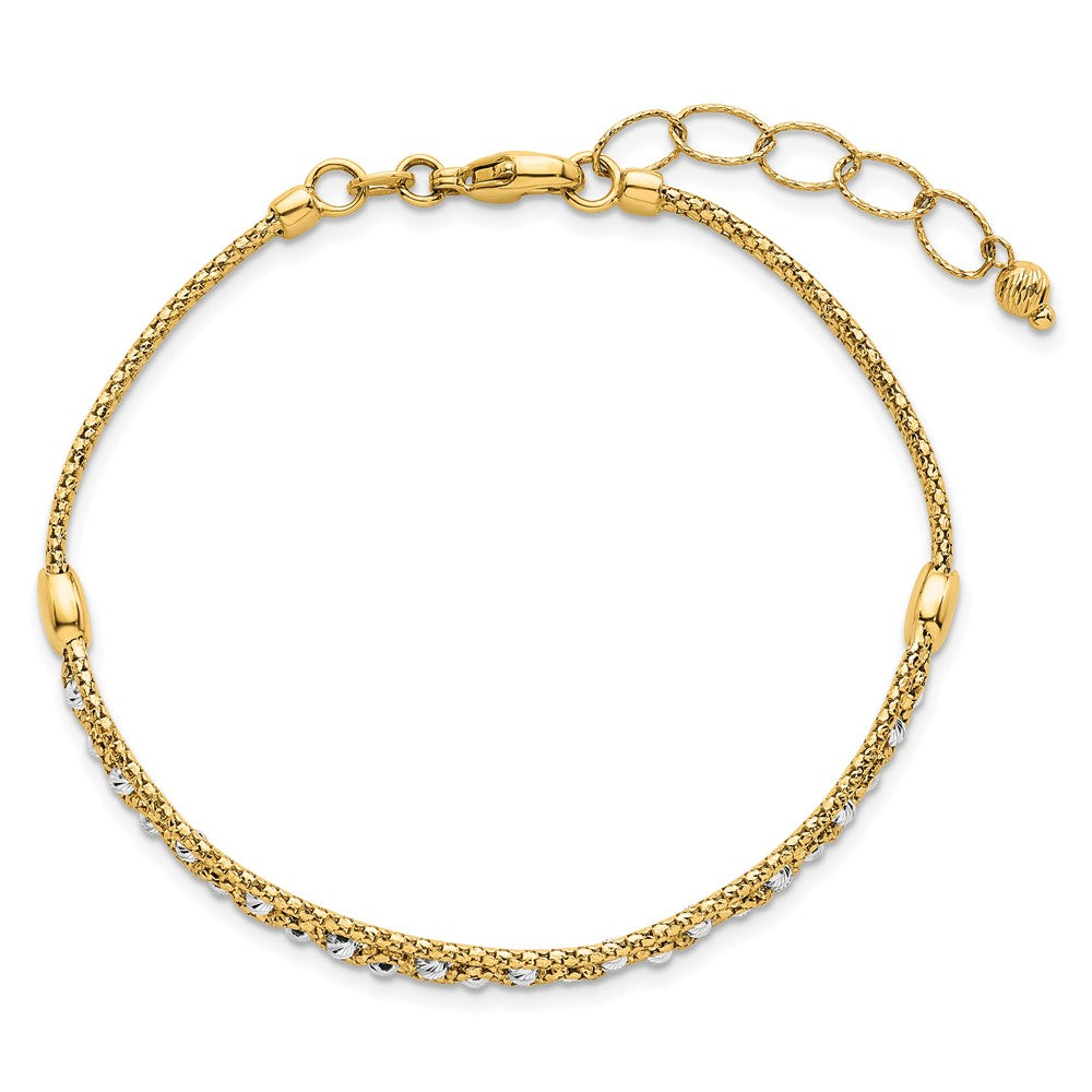 14K Bicolor Gold Strukturiert Diamantiert 7mm Gekugelt Gliederarmband Plus Verlängerung