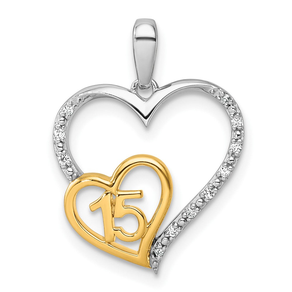14K Bicolor-Gold Polierter Herz-Anhänger „Quinceañera 15" mit 0,05 ct. Diamant