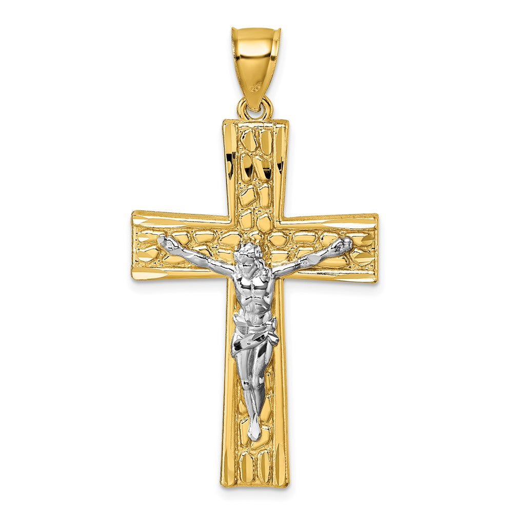 14K Gelbgold und Rhodium polierter, diamantgeschliffener Nugget-Kruzifix-Anhänger