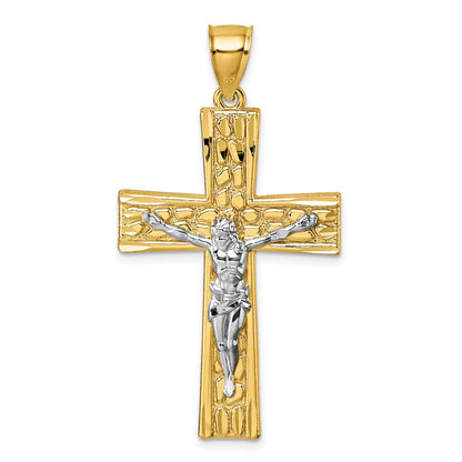 14K Gelbgold und Rhodium polierter, diamantgeschliffener Nugget-Kruzifix-Anhänger