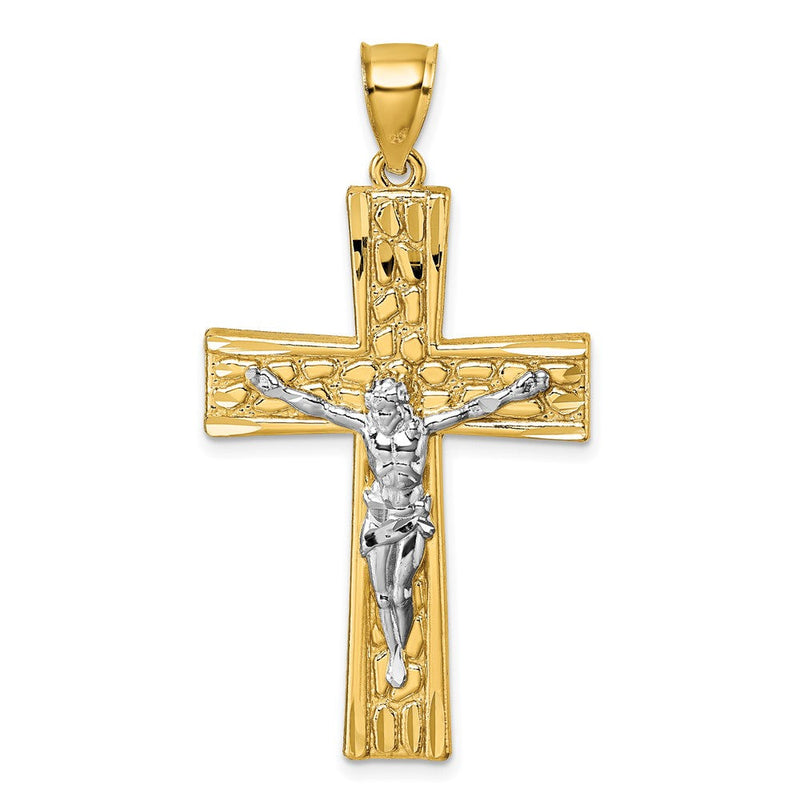14K Gelbgold und Rhodium polierter, diamantgeschliffener Nugget-Kruzifix-Anhänger
