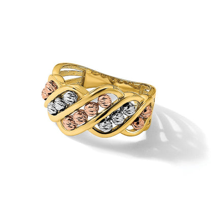 14K Tricolor-Gold Fashionring mit polierten und diamantgeschliffenen Perlen