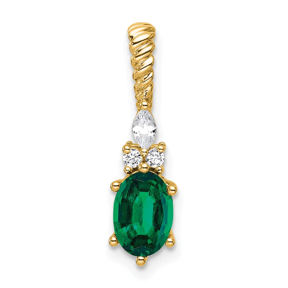14K Gelbgold Diamant und 7x5 Oval May/im Labor Erzeugt Smaragd Gedreht Kette Anhänger
