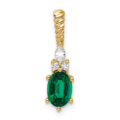 14K Gelbgold Diamant und 7x5 Oval May/im Labor Erzeugt Smaragd Gedreht Kette Anhänger