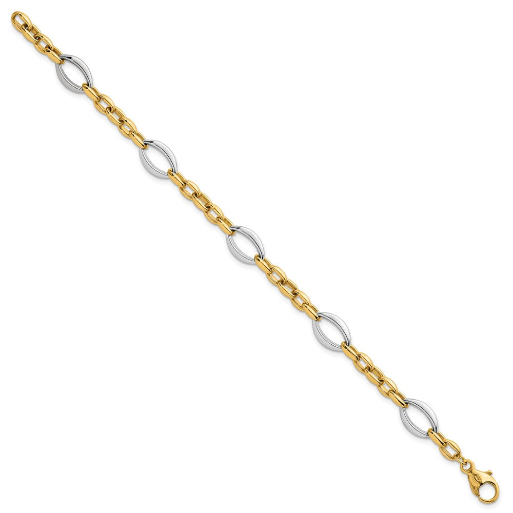 14K Bicolor Gold Bicolor Poliert Oval und Ankerkette Kette 7.25 Zoll Armband