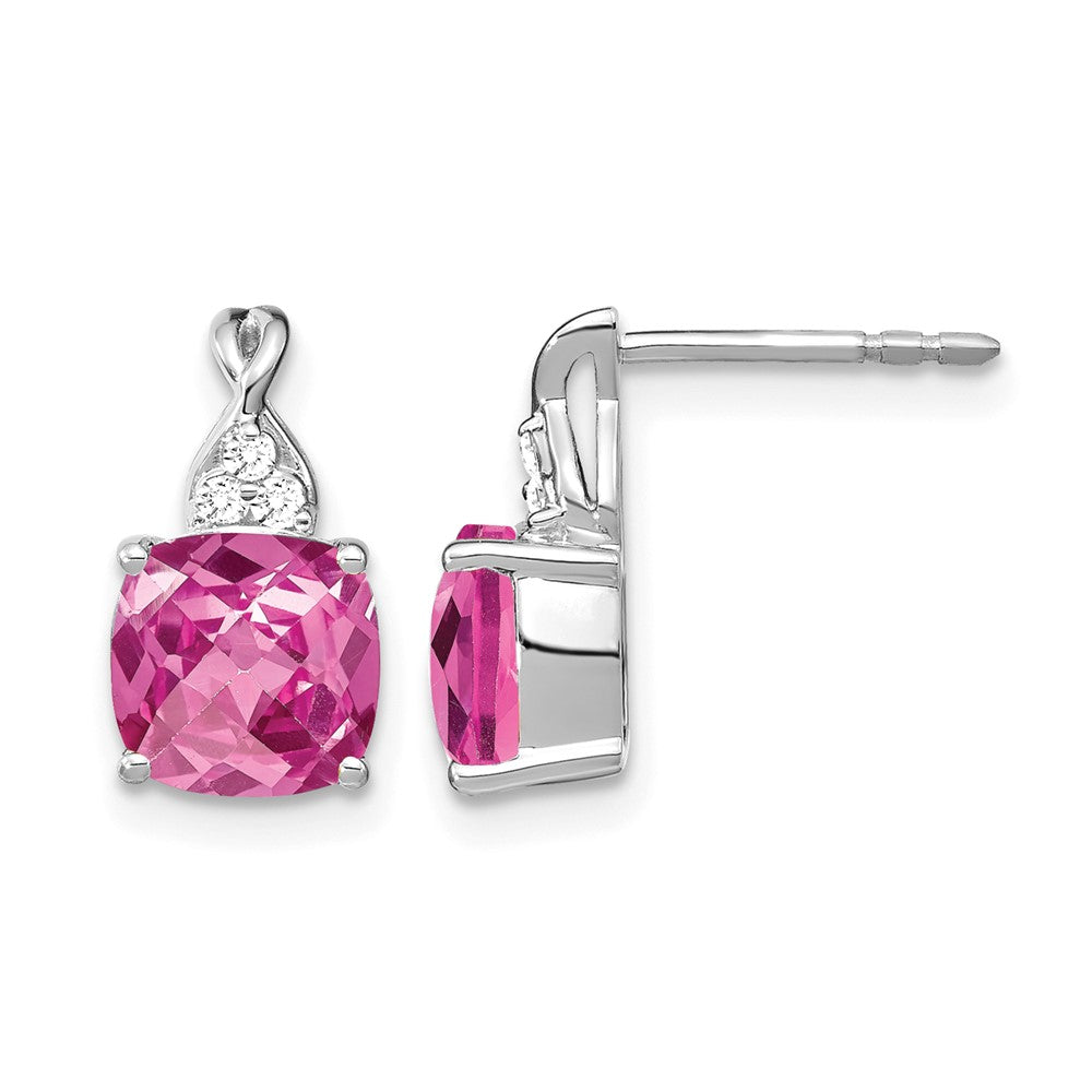 14K Weißgold Ohrstecker mit 7-mm-Kissenschliff-Karomuster-Oktober/im Labor gezüchtetem Pink-Saphir und Diamant
