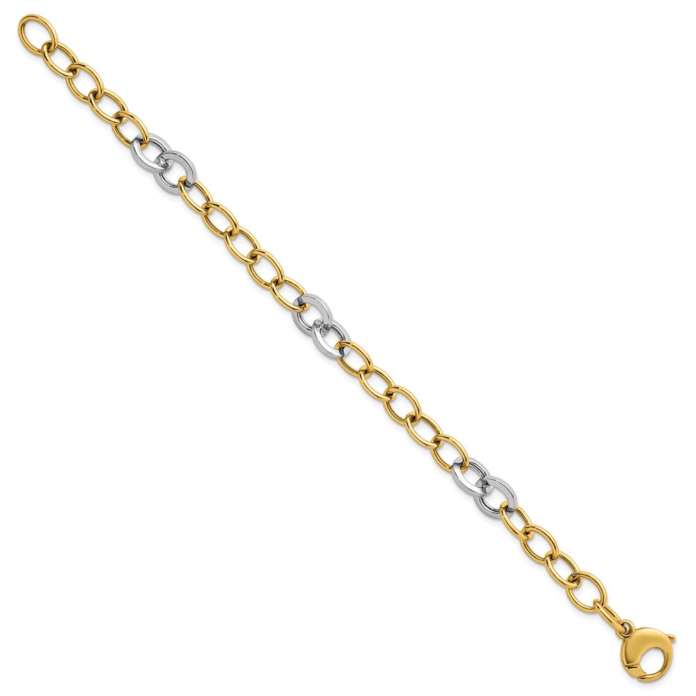 14K Bicolor Gold Bicolor Poliert 9.75mm Fantasie Kreis Ankerkette Kette 7.5 Zoll Armband