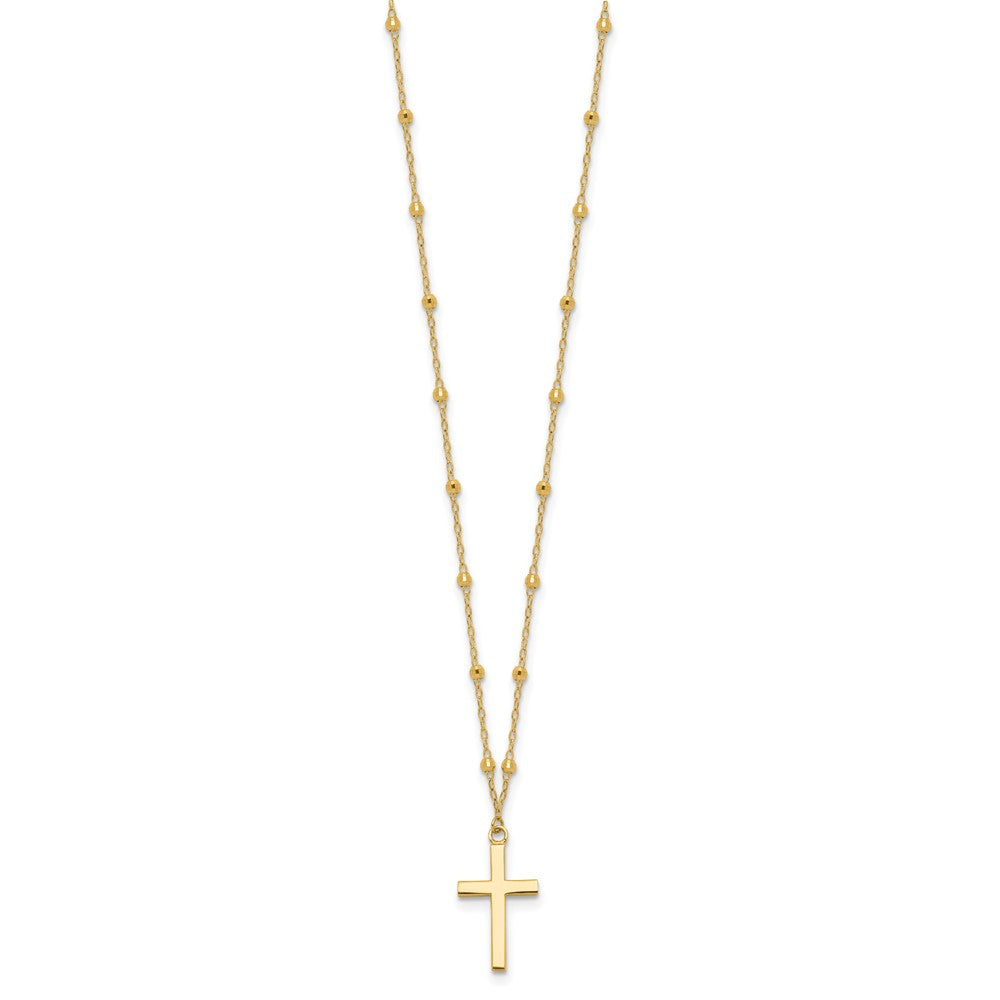 14K Gelbgold Mirror Gekugelt Kette mit Poliert Kreuz Anhänger 16.25 Zoll Halskette Plus 2 Zoll Verlängerung