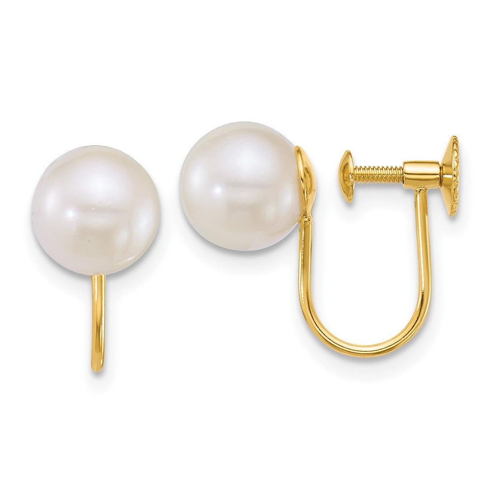 14K Gelbgold Poliert 7-8mm Rund Akoya Salzwasser Zuchtperle Non-pierced Ohrringe