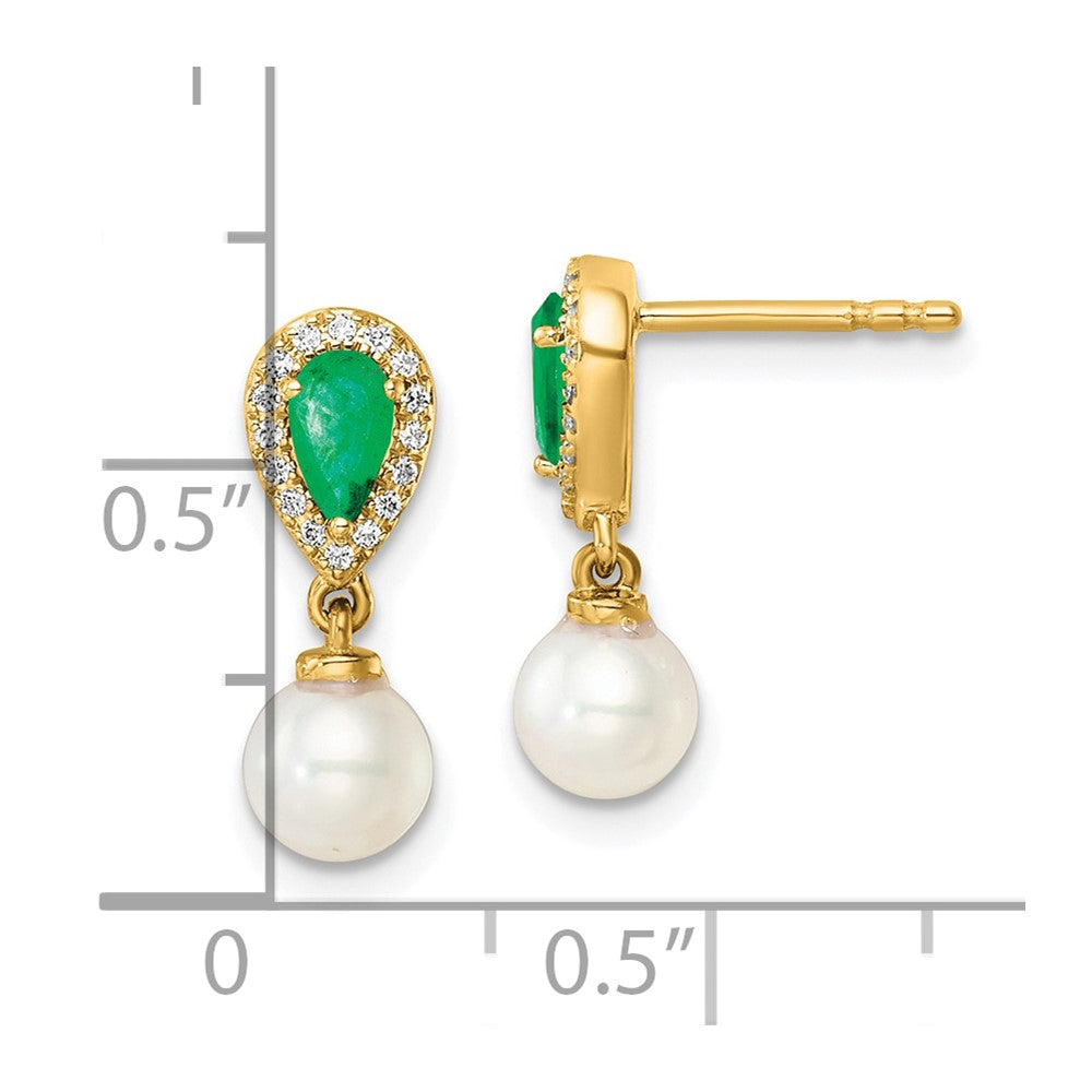 14K Gelbgold Ohrhänger mit Stecker, runder Süßwasser-Zuchtperle, 0,09 ct. Diamant und Smaragd im Birnenschliff