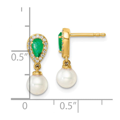 14K Gelbgold Ohrhänger mit Stecker, runder Süßwasser-Zuchtperle, 0,09 ct. Diamant und Smaragd im Birnenschliff