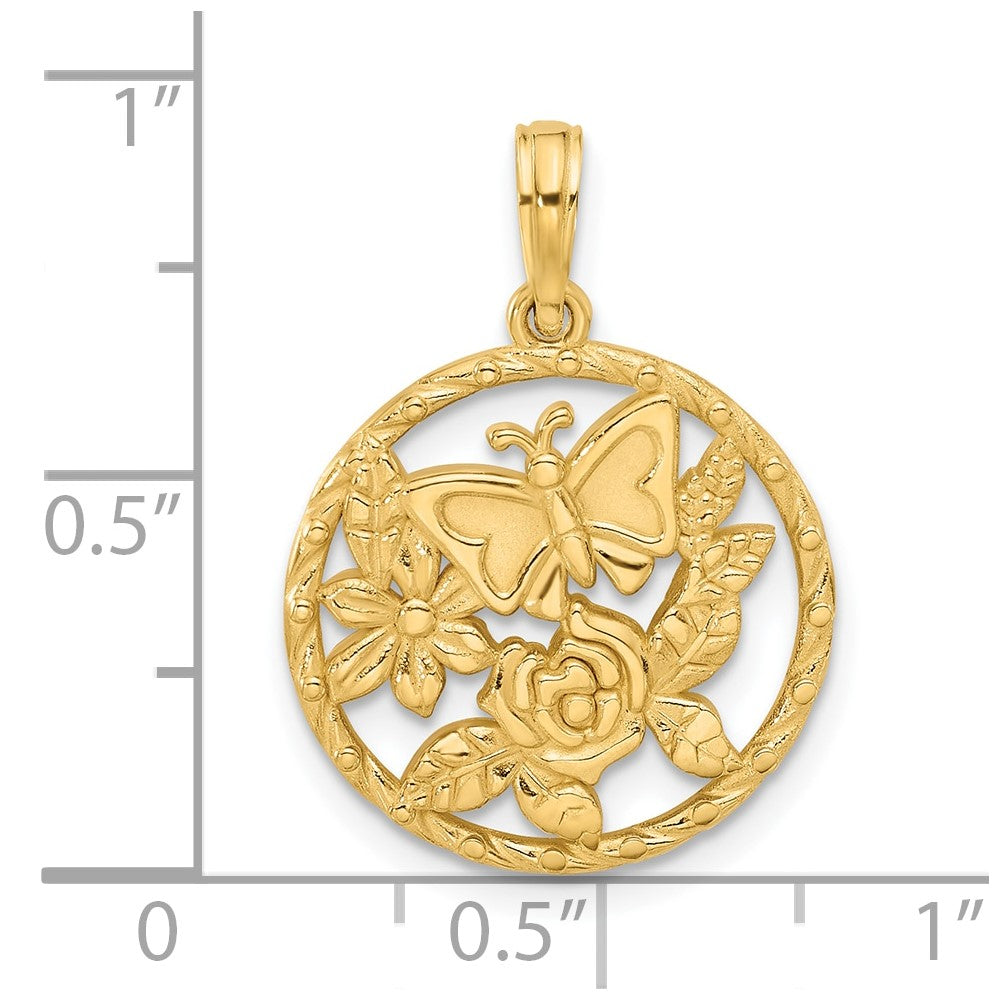 14K Gelbgold Polierter Fantasie-Schmetterling-und-Blumen-Charm