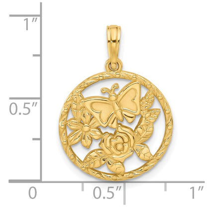 14K Gelbgold Polierter Fantasie-Schmetterling-und-Blumen-Charm