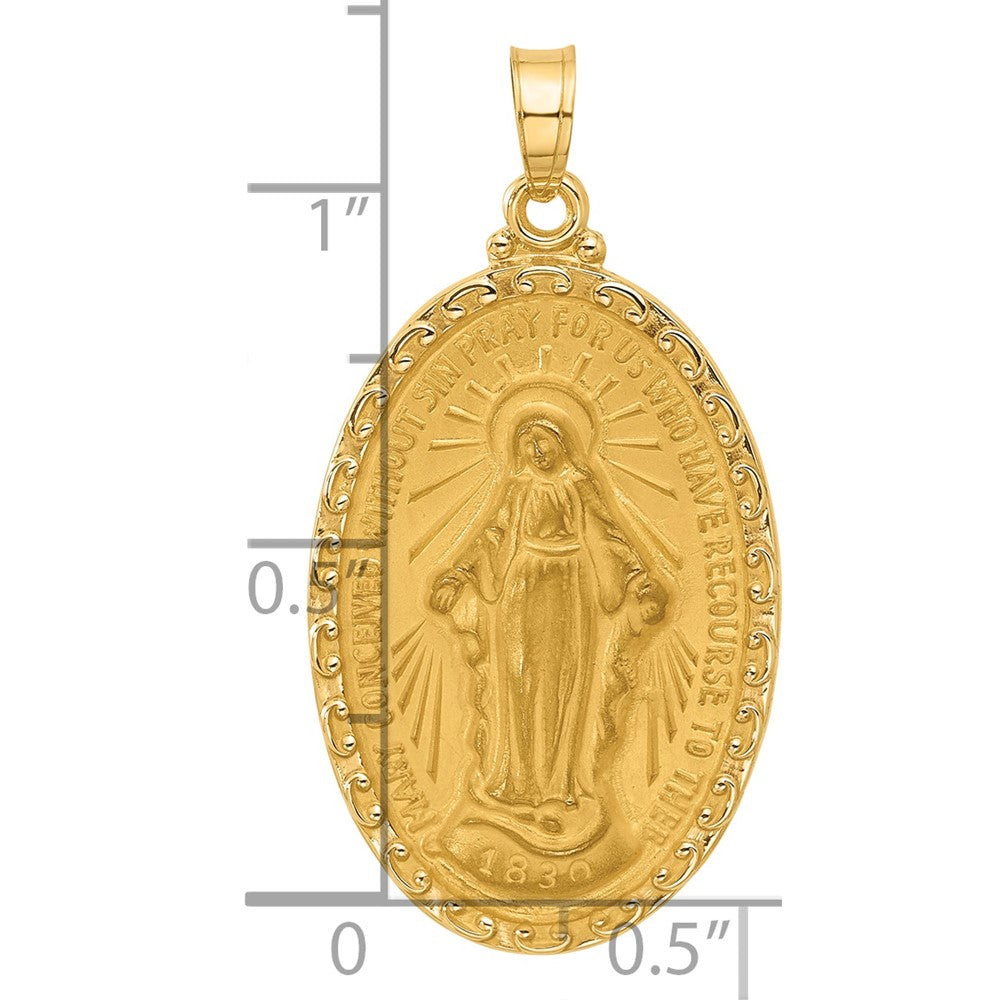 14K Gelbgold Poliert und Satiniert Massiv Wundertätig Medaille Oval Anhänger