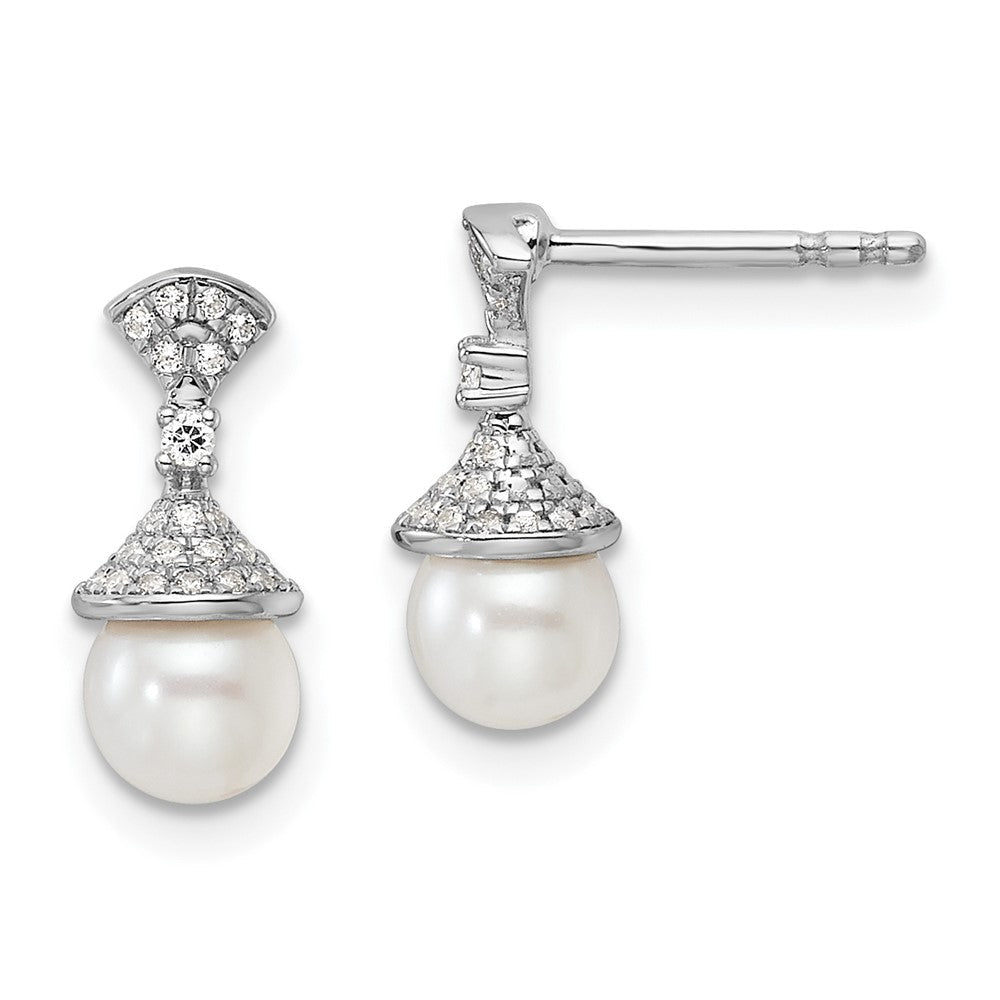 14K Weißgold Ohrhänger mit Diamant und weißer Süßwasser-Zuchtperle, poliert, 0,125 ct