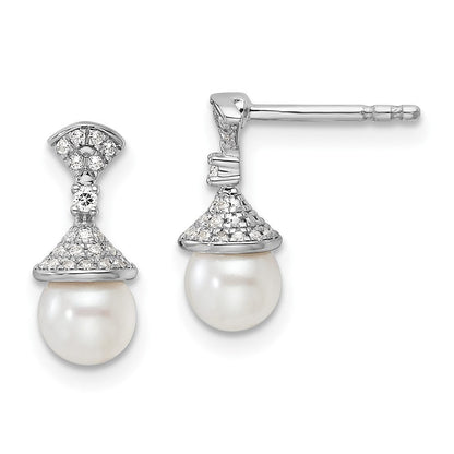 14K Weißgold Ohrhänger mit Diamant und weißer Süßwasser-Zuchtperle, poliert, 0,125 ct