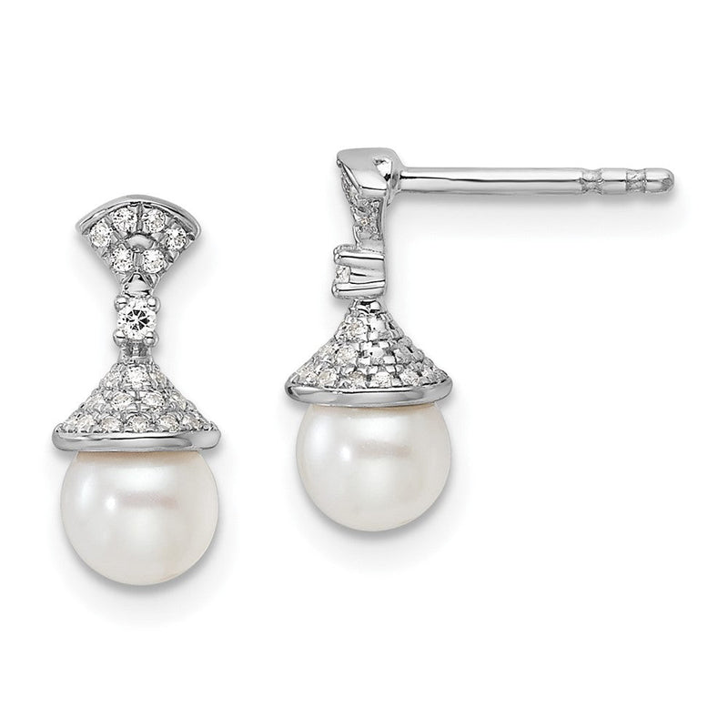 14K Weißgold Ohrhänger mit Diamant und weißer Süßwasser-Zuchtperle, poliert, 0,125 ct