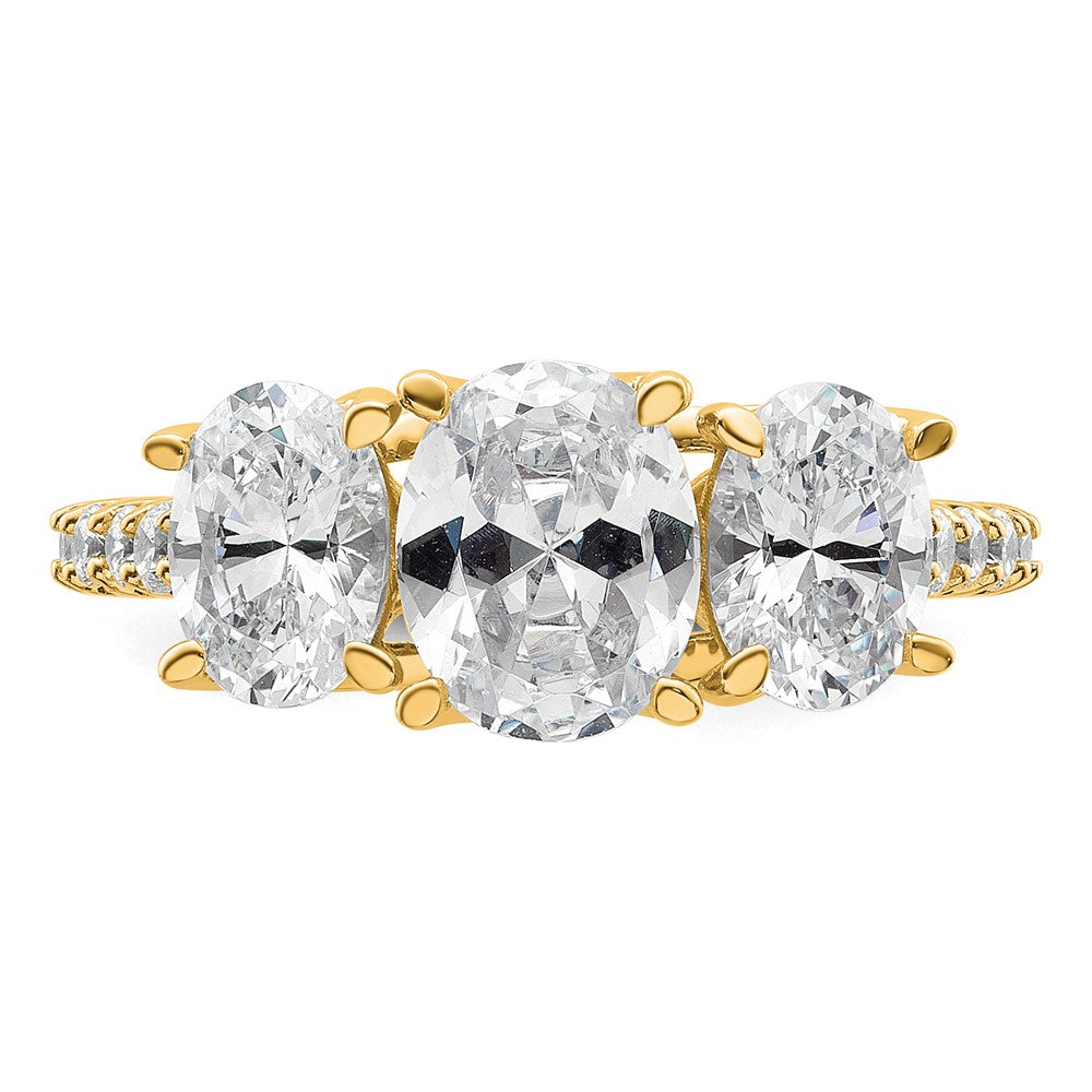 14K Gelbgold Verlobungsring mit 2,75K zertifizierten, im Labor gezüchteten Diamanten VS/SI+ G+ im Ovalschliff, komplettes Drei-Steine-Design