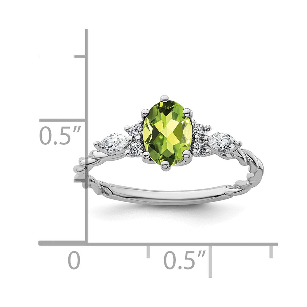 14K Weißgold Ring mit Diamant und 7x5 ovalem August/Peridot, gedreht, Größe 7