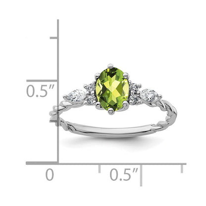 14K Weißgold Ring mit Diamant und 7x5 ovalem August/Peridot, gedreht, Größe 7