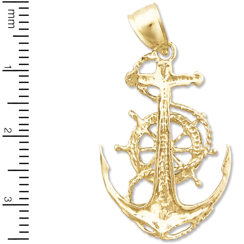 14K Gold Anhänger mit Segelseil, Schiffsrad und Anker