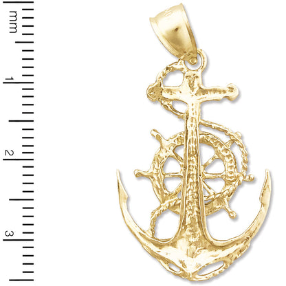 14K Gold Anhänger mit Segelseil, Schiffsrad und Anker
