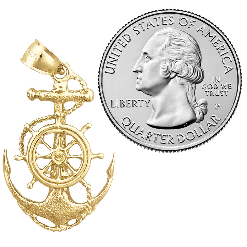 14K Gold Anhänger mit Segelseil, Schiffsrad und Anker