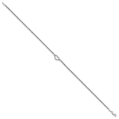 10K Weißgold Diamantiert Kordel mit Herz 10 Zoll Fußkettchen