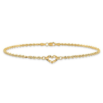 10K Gelbgold Diamantiert Offen Herz Kordel Fußkettchen