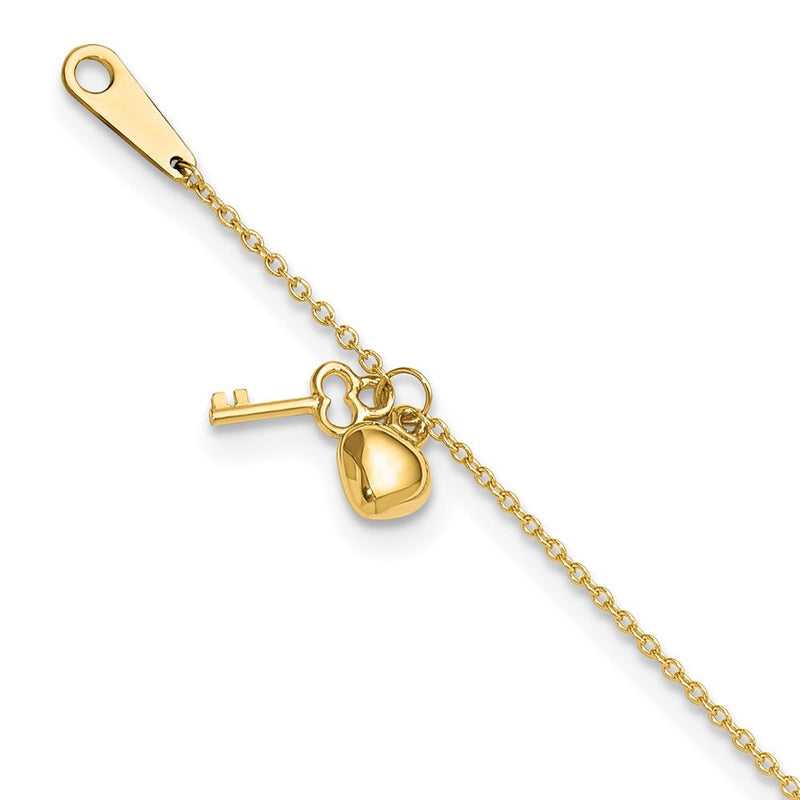 10K Gelbgold Herz und Key 9 Zoll Plus 1 Zoll Verlängerung. Fußkettchen