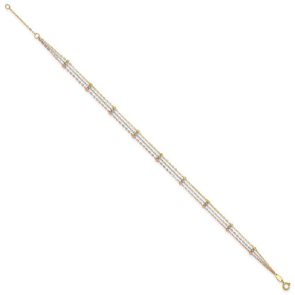 10K Tricolor 3-strand Diamantiert Gekugelt Plus Verlängerung Kette Fußkettchen