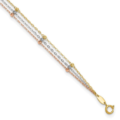 10K Tricolor 3-strand Diamantiert Gekugelt Plus Verlängerung Kette Fußkettchen