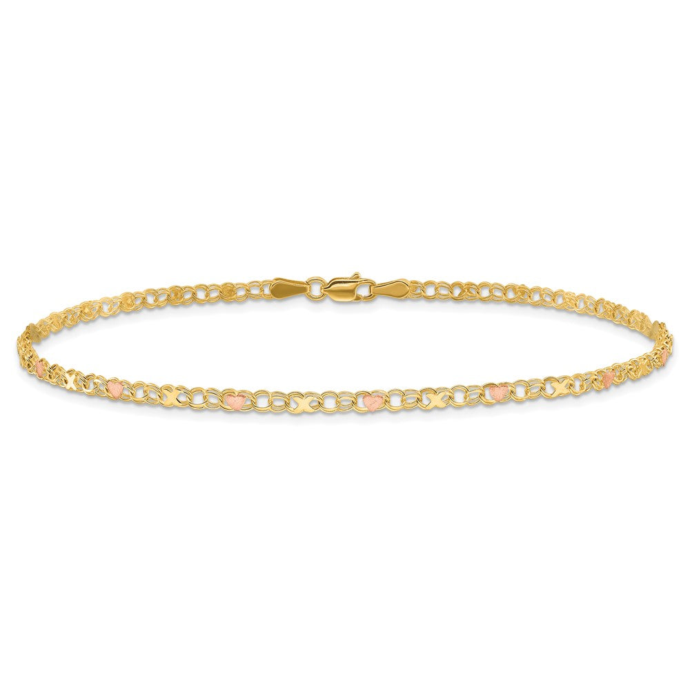 10K Bicolor und Rose X Herzen 8 Zoll Armband