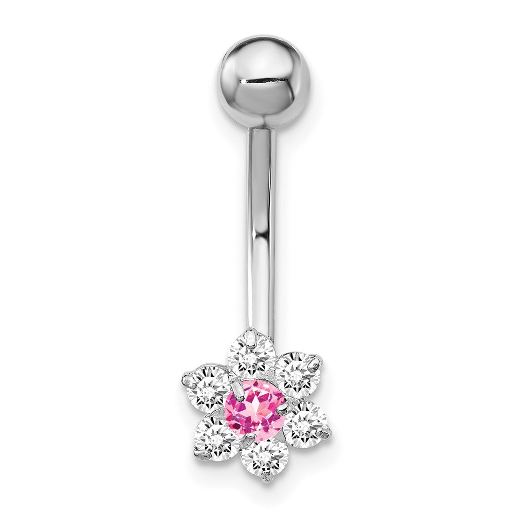 10K Weißgold mit Zirkonia Blume Rosa Mittig Belly Hängend