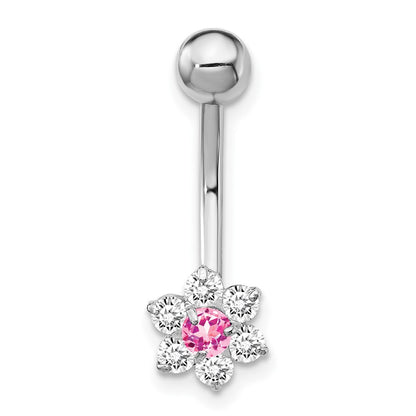 10K Weißgold mit Zirkonia Blume Rosa Mittig Belly Hängend