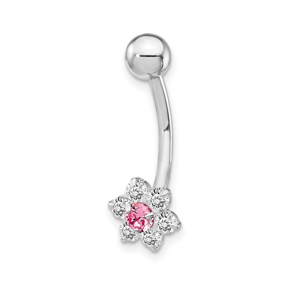 10K Weißgold mit Zirkonia Blume Rosa Mittig Belly Hängend