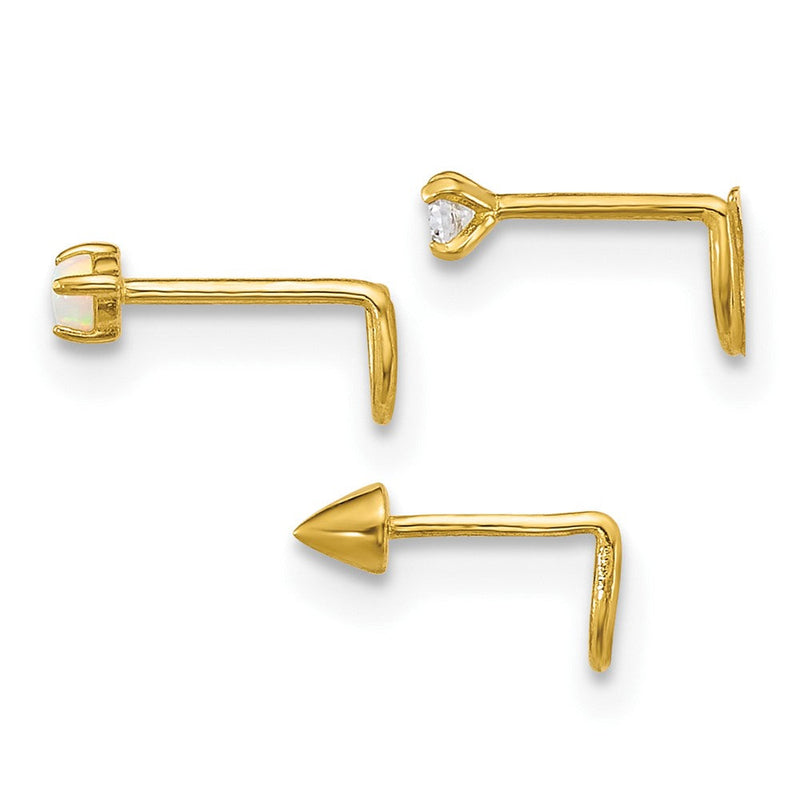 10K Gelbgold Poliert 22 Stärke Set Of Drei Zirkonia, Im Labor Erzeugt Opal und Spike Nasen Studs