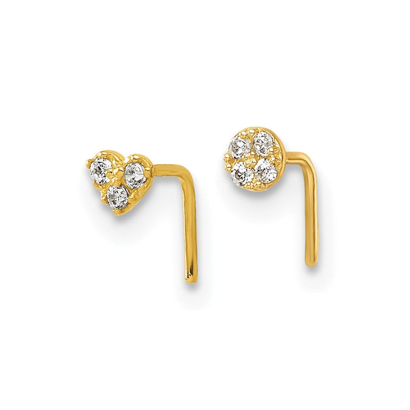 10K Gelbgold Poliert 23 Stärke Set Of Zwei Zirkonia Herz und Kreis Nasen Studs