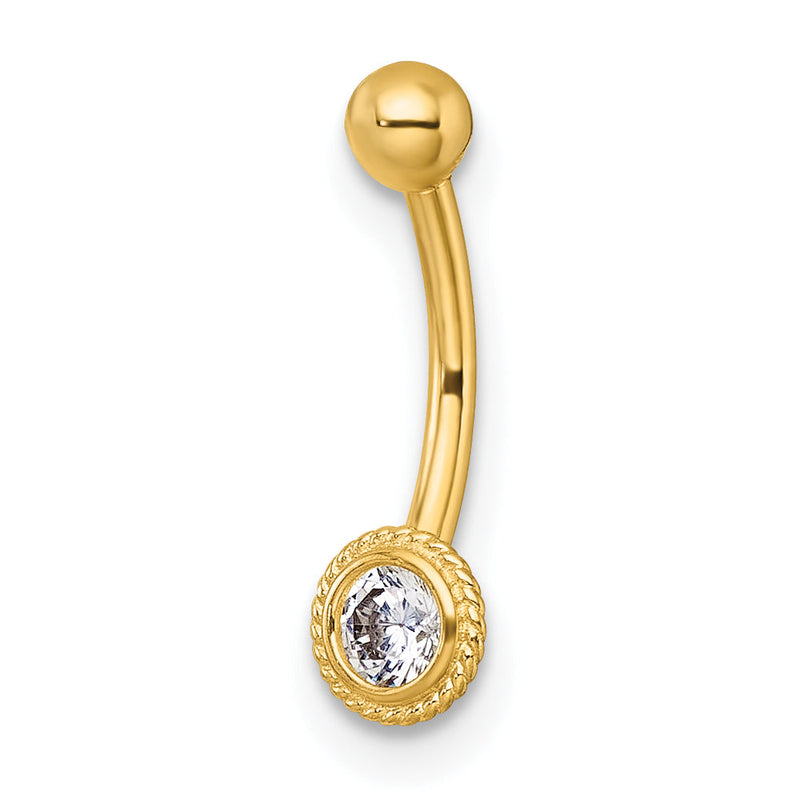 10K Gelbgold Poliert 16 Stärke Kordel-edge Zargenfassung-set Weiß Rund Zirkonia Navel Ring