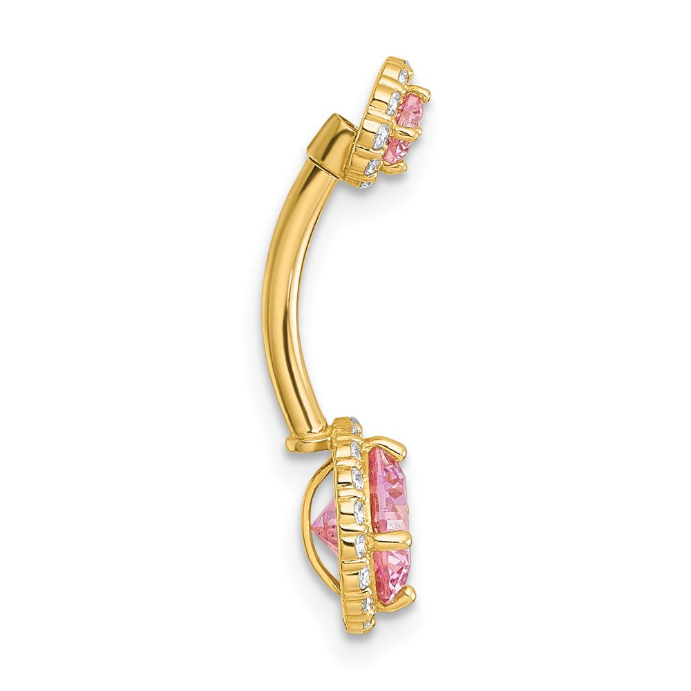 10K Gelbgold Poliert 14 Stärke Heiligenschein Rosa und Klar Zirkonia Navel Ring