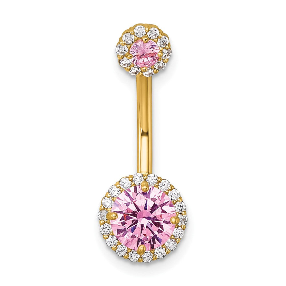 10K Gelbgold Poliert 14 Stärke Heiligenschein Rosa und Klar Zirkonia Navel Ring