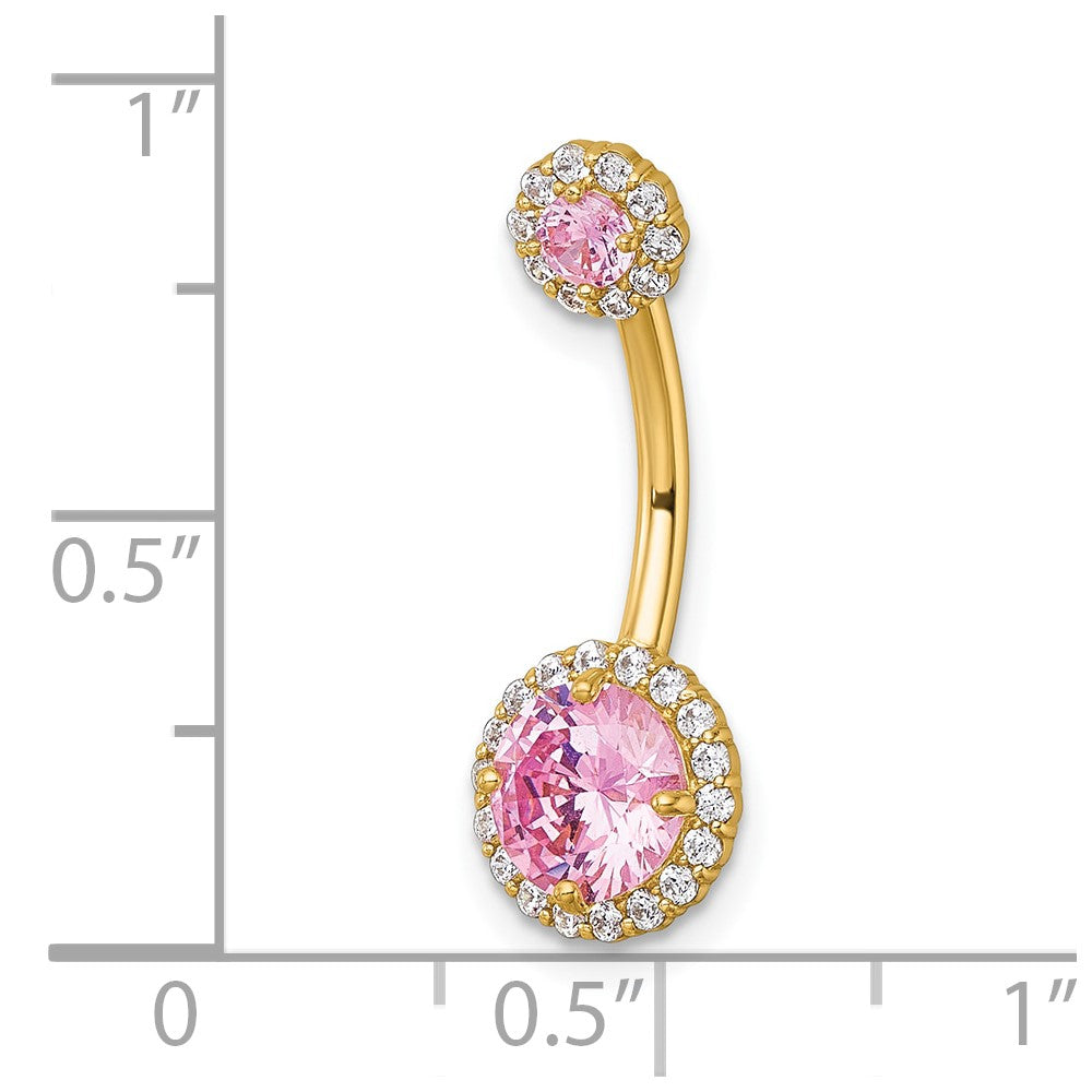 10K Gelbgold Poliert 14 Stärke Heiligenschein Rosa und Klar Zirkonia Navel Ring