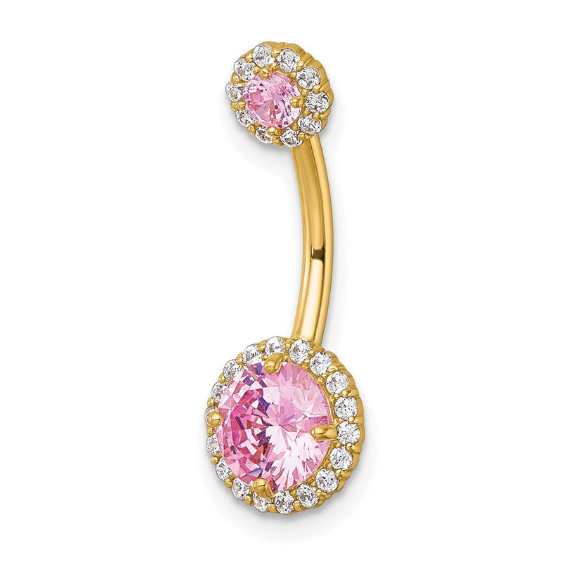 10K Gelbgold Poliert 14 Stärke Heiligenschein Rosa und Klar Zirkonia Navel Ring