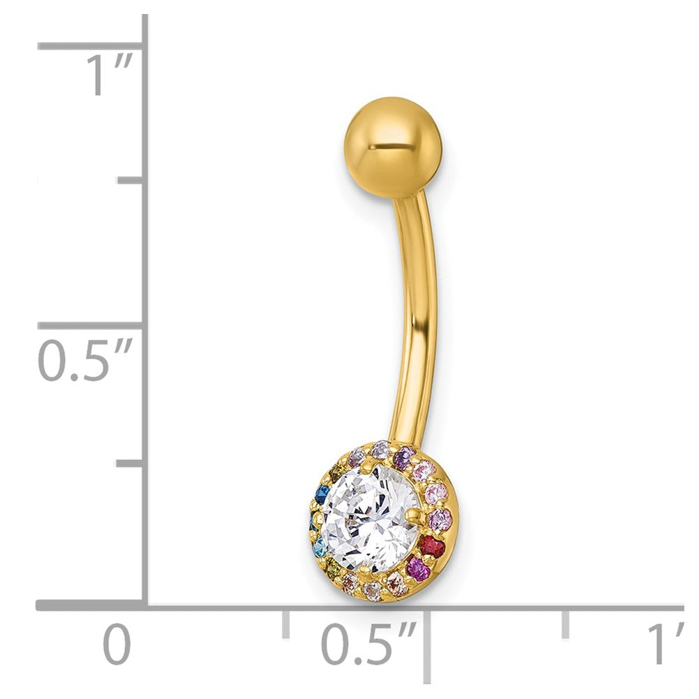 10K Gelbgold Poliert 14 Stärke Regenbogen Heiligenschein und Klar Zirkonia Navel Ring