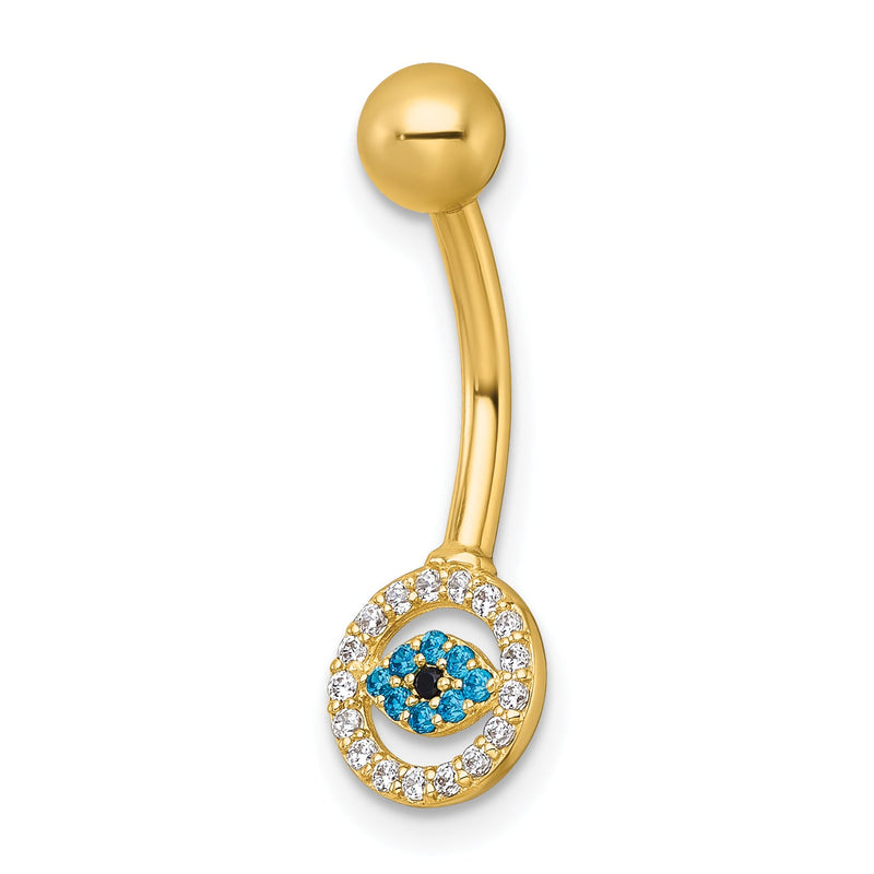 10K Gelbgold Poliert 14 Stärke Weiß und Blau Zirkonia Böse Auge Navel Ring