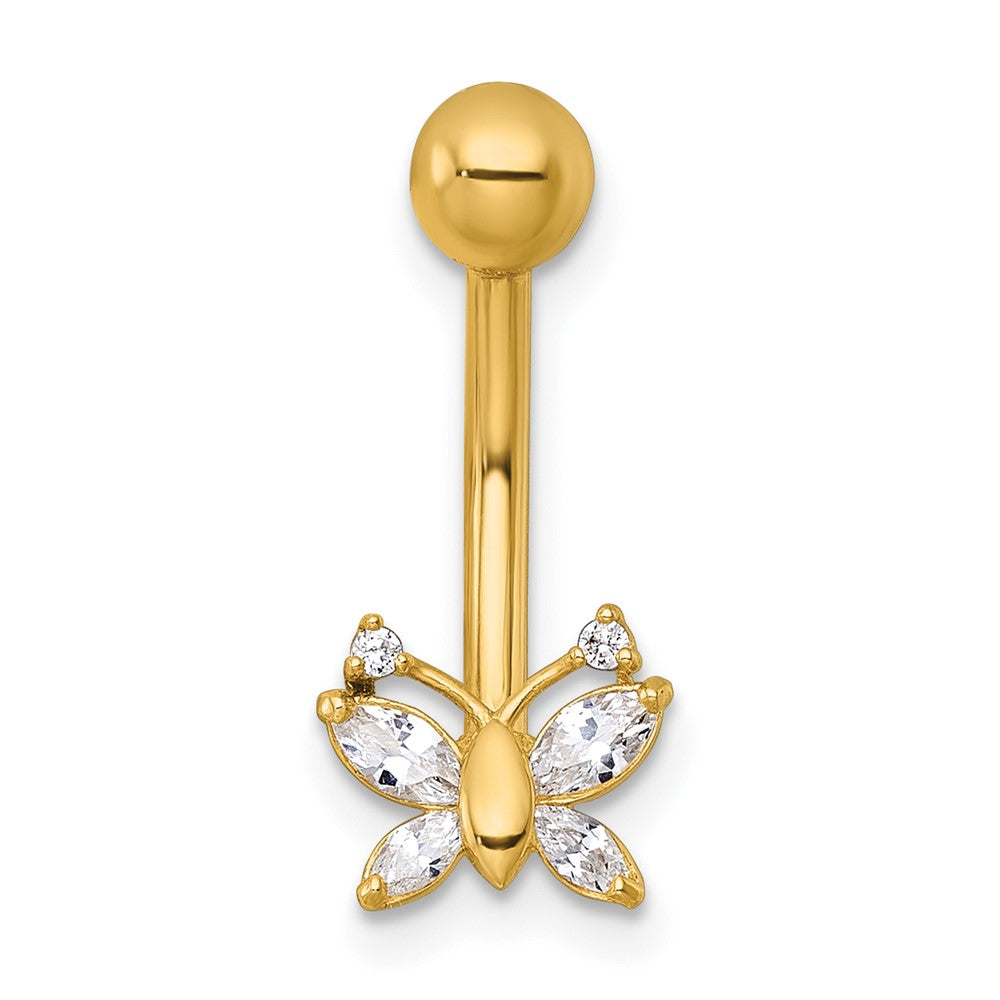 10K Gelbgold Poliert 14 Stärke Zirkonia Schmetterling Navel Ring