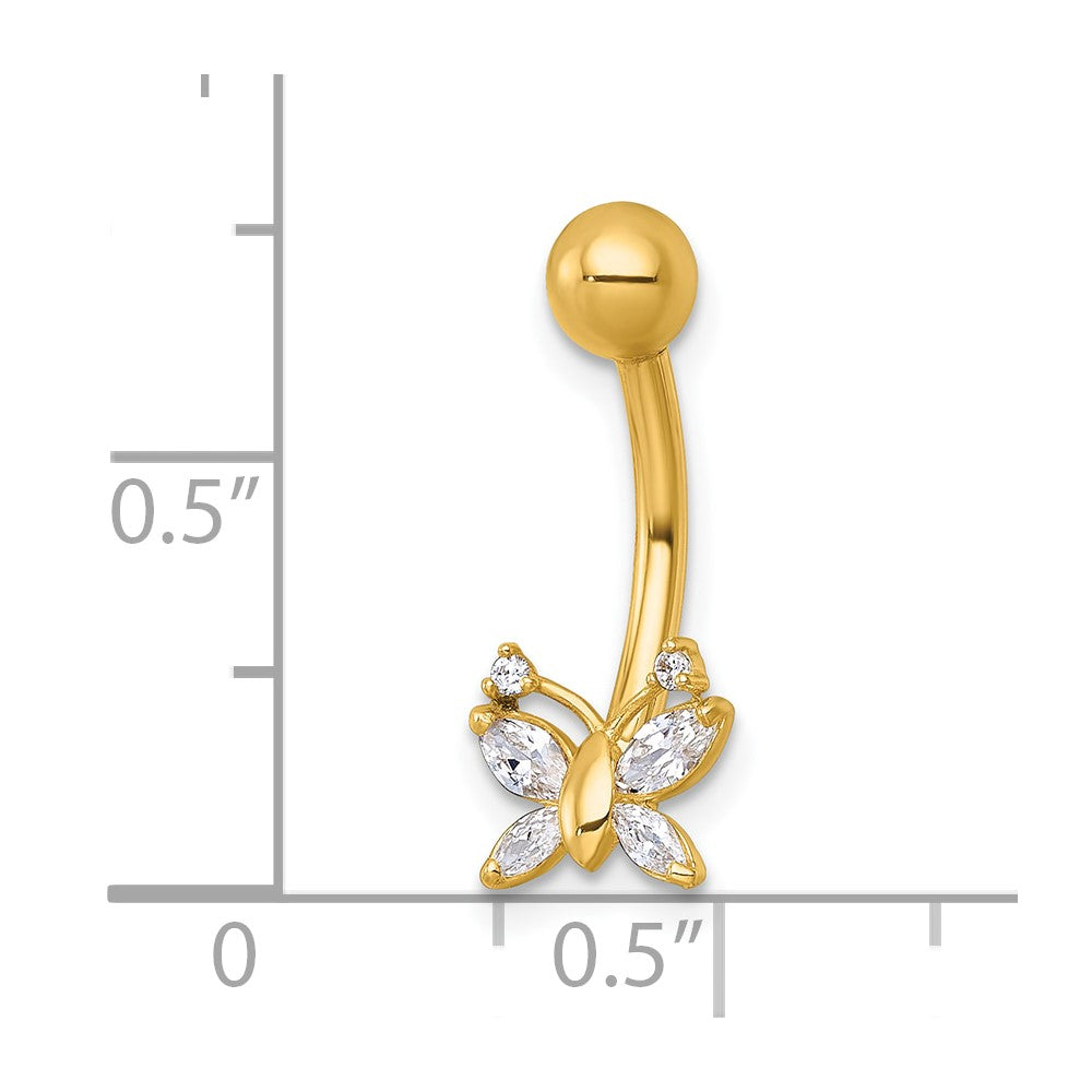 10K Gelbgold Poliert 14 Stärke Zirkonia Schmetterling Navel Ring