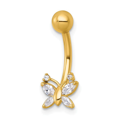 10K Gelbgold Poliert 14 Stärke Zirkonia Schmetterling Navel Ring