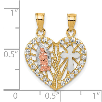 10K Bicolor 10K Bicolor mit Weiß Rhodium Zirkonia Religious Break-apart Herz Anhänger